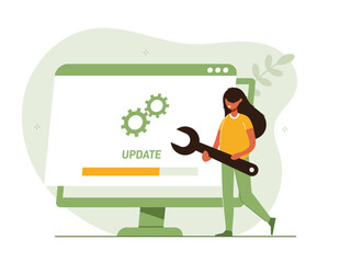 System or web application upgrade procedure. Concept of software version update or renewal process indication. Woman and PC. Flat colorful vector illustration for banner, poster. 
