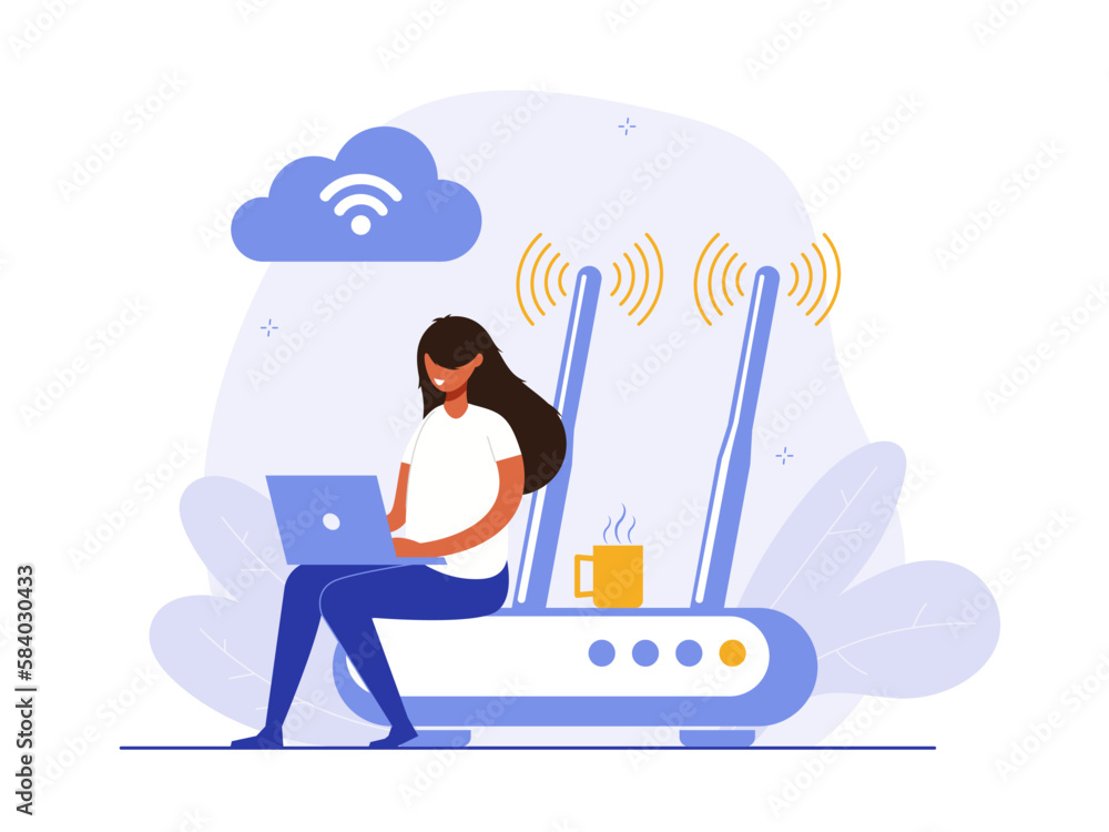 Poster concept of mobile network, wireless internet connection technology. wifi illustration. people use de