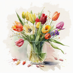 Eine großer Blumenstauß aus Tulpen und anderen Blumen in einer gläsernen Vase mit Wasser. Aquarell oder Wasserfarben Stil.