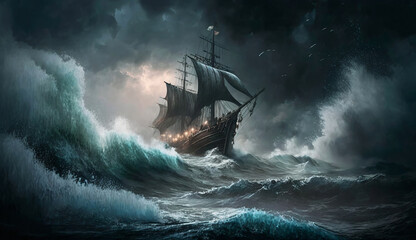 a ship in a thunder storm, artwork, thunder, big waves in the ocean, generated by AI tool