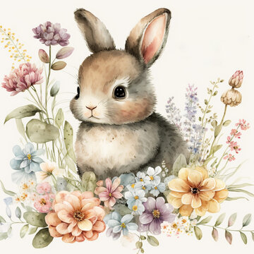 Ein s&uuml;&szlig;es H&auml;schen zwischen Blumen dass auf Ostern wartet. Aquarell bzw. Wasserfarben