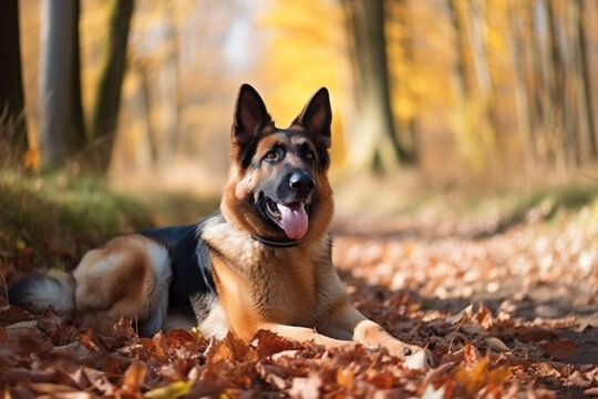 A german shepherd dog laying in the leaves, generate ai