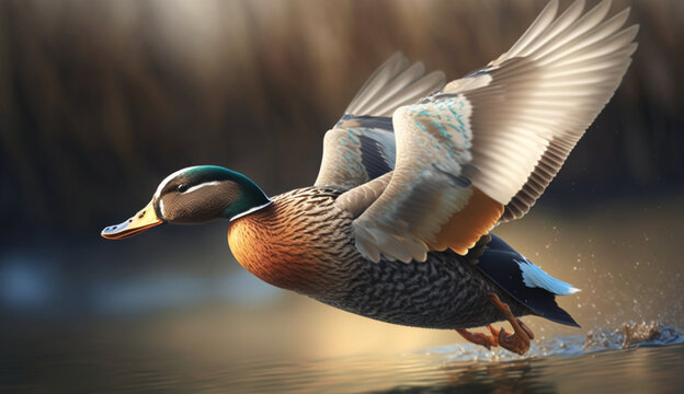 A duck is landing on a pond with its wings spread out. Generate ai