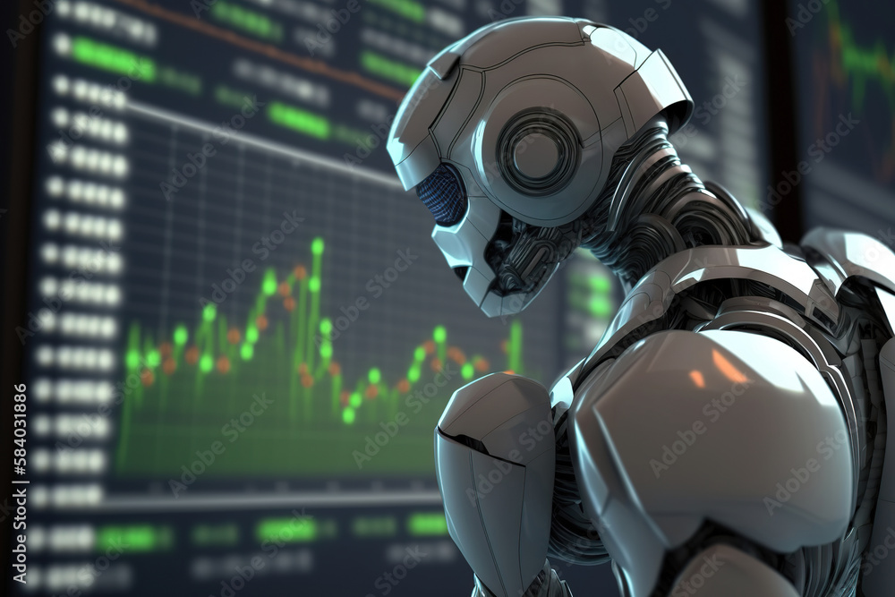 Aufkleber humanoid robot using artificial intelligence to analyze stock market trading data.