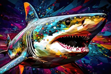  a painting of a great white shark with colorful paint splatters on it's face and mouth, with a black background that has a splash of blue, yellow, red, orange,  and.  generative ai - obrazy, fototapety, plakaty