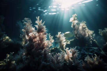 Fototapeta na wymiar the sun shines through the water over a seaweed plant in the ocean floor of a coral reef in the pacific ocean, with sunlight streaming through the water. generative ai
