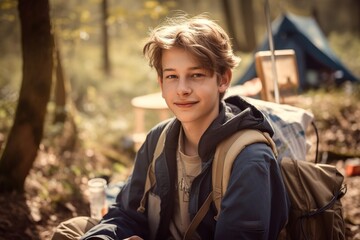 Obraz premium Portrait of young Caucasian scout in the forest for summer camp vacations. Generative AI illustration