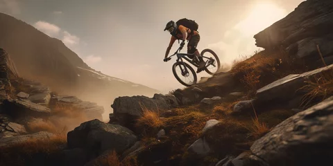 Foto op Plexiglas Mountain biker going down mountain hill at sunset. Generative AI illustration © Pajaros Volando
