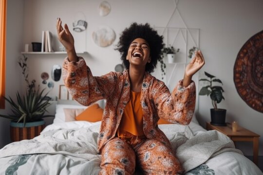 Young black woman laughing on bed in bedroom. AI generative. 