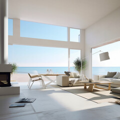 Obraz na płótnie Canvas Minimal modern interior living room, with beach ocean view behind windows. Generative AI