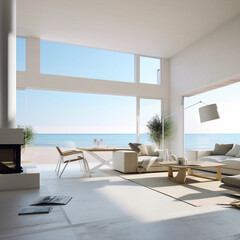 Minimal modern interior living room, with beach ocean view behind windows. Generative AI