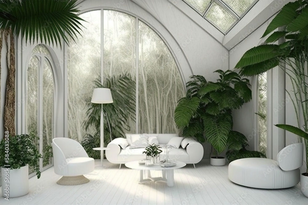 Wall mural exotic white studio for rest in jungle interior design, created with generative ai