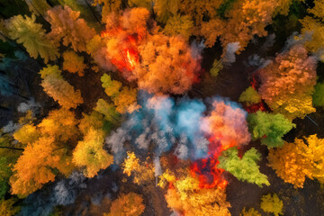 Fototapeta na wymiar Fire in the forest in summer with smoke, natural disaster, cataclysm. AI generated.