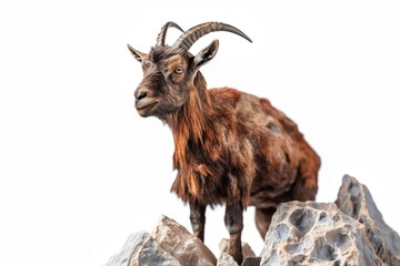 Wild goat in stones on a white background, isolate. AI generated.