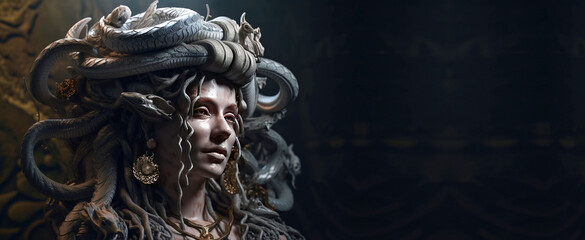 Fototapeta premium Gorgon Medusa is a mythological woman, a creature from legends. AI generated. Header banner mockup with space.