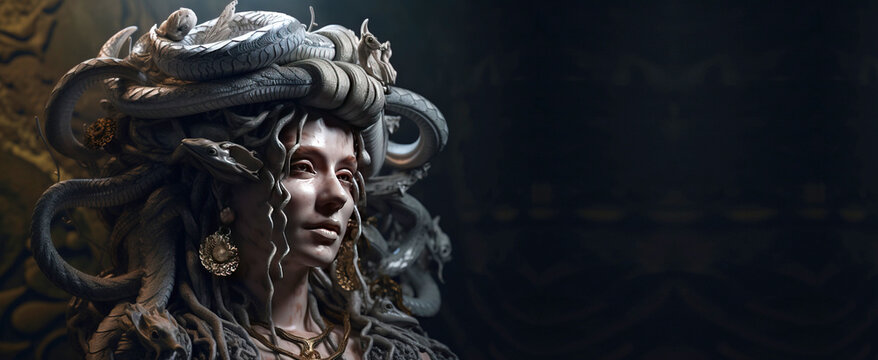 Gorgon Medusa is a mythological woman, a creature from legends. AI generated. Header banner mockup with space.