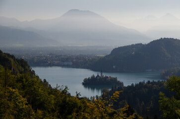 Beautiful panorama of the lake Bled with the iconic church on the island. 