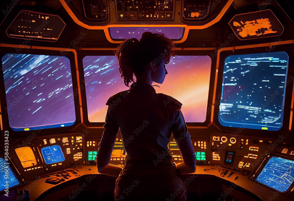 Aufkleber captain stood on the bridge of the spaceship. generate ai.
