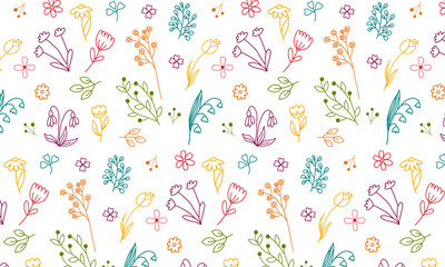 Beautiful and bright spring colorful Pastel flowers, leaves, twigs. Pattern