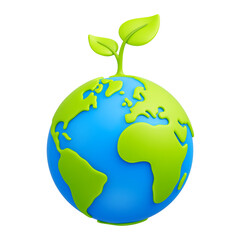 Cartoon planet Earth with green sprout and leaves 3d icon on transparent background. Earth day, ecology, nature and environment conservation concept. Save green planet concept. PNG file