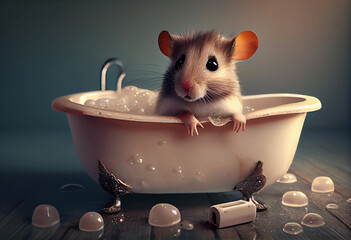 Cute mouse in bathtub , pets cleaning. Generate Ai.