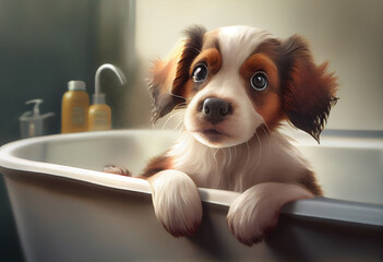 Cute puppy dog in bathtub , pets cleaning, studio shot. Generate Ai.