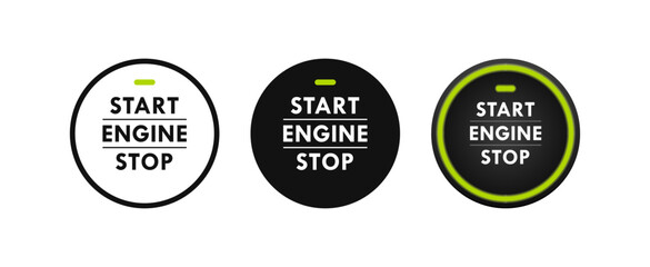 Start stop engine button set. Engine starting and stopping system. Switch for motor vehicles. Vector illustration