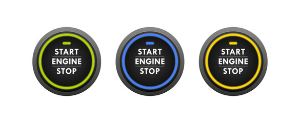 Obraz premium Start stop engine button set. Engine starting and stopping system. Switch for motor vehicles. Vector illustration