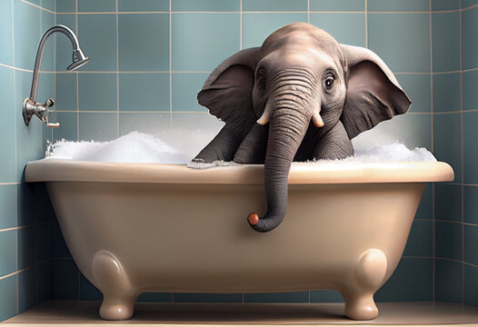 Cute elephant in bathtub , pets cleaning. Generate Ai.