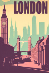An old vintage poster of London with its characteristic architectures and famous monuments, to evoke the London atmosphere for sure. Generative AI