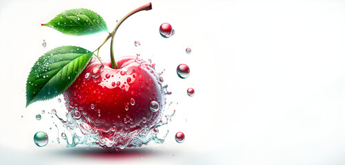 Cherry in water splash on white background. Banner. Generative Ai illustration