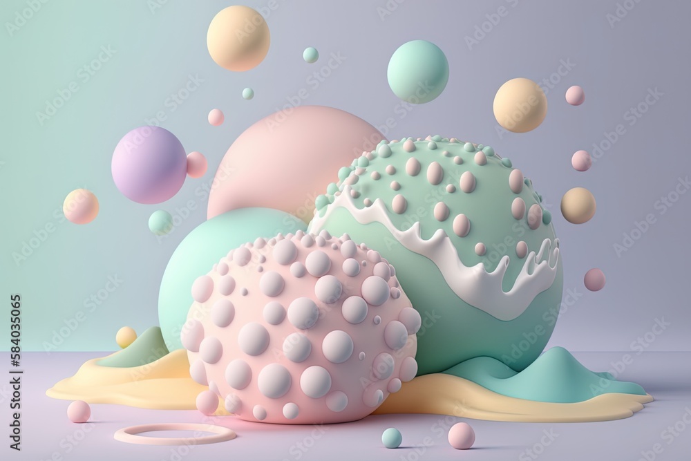 Poster soap bubbles and colorful balls float in the air in this abstract picture. generative ai