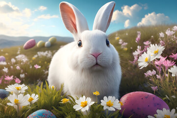 Cute white Easter bunny among painted Easter eggs and flowers in a sunny meadow. Generative Ai illustration