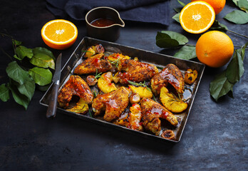 Traditional barbecue chicken wings with orange and banana slices served with hot chili sauce as close-up on a rustic metal tray