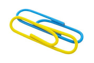 Paper blue yellow colored clips isolated on white background