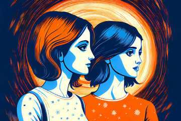 Friendship illustration. Love and friends. Empathy concept. Ai generative