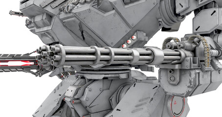 close up on the machinegun of the heavy mech in white background