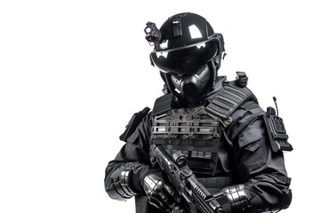 A prototype of a modern black military police uniform for special units. The concept of futuristic military solutions shows the future of armaments. generative ai