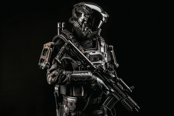 A prototype of a modern black military police uniform for special units. The concept of futuristic military solutions shows the future of armaments. generative ai