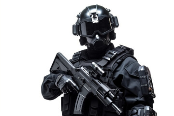 A prototype of a modern black military police uniform for special units. The concept of futuristic military solutions shows the future of armaments. generative ai