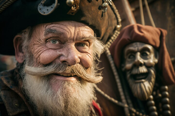Naklejka premium a mature old adult man is a pirate on a pirate ship, fictional location. Generative AI