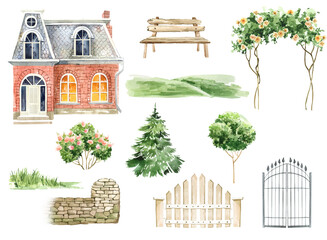 Country cottage, brick house, English garden, wooden fence, cottage facade. Watercolor set of elements for creating illustrations, postcards, stickers, scrapbooking