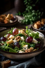 Obraz na płótnie Canvas Italian spring salad with goat cheese, grapes and walnuts. Served with croutons. (generative ai)