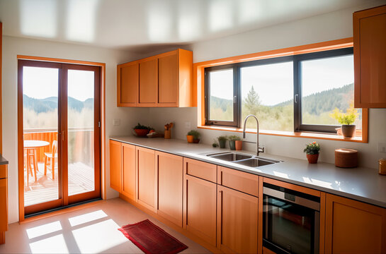 Modern kitchen interior made of wood with sunlight through the windows with a view of the nature of the mountains. Generative AI.