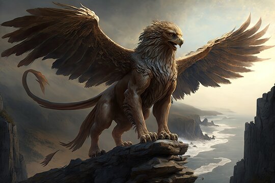 ancient griffin, soaring over distant landscape, with its wings spread wide, created with generative ai