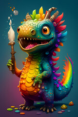 Smiling Colorful Dragon Character Art with Magic Paintbrush