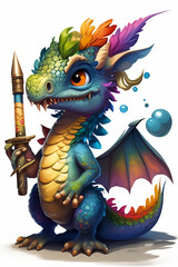 Colorful Dragon Character Art with Paintbrush in Hand
