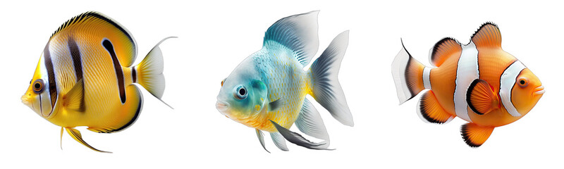 Collection of colorful fish on a transparent or white background - obrazy, fototapety, plakaty