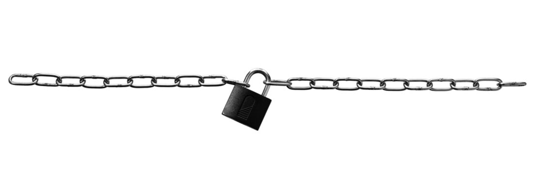 Two chains linked by a padlock isolated
