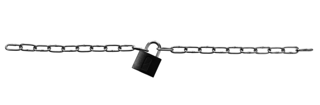 Two chains linked by a padlock isolated